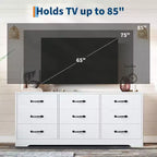 Meuble TV 9 tiroirs avec espace TV intégré, grand meuble de rangement pour téléviseurs à écran plat jusqu'à 85 pouces, meuble multimédia multifonctionnel pour salon