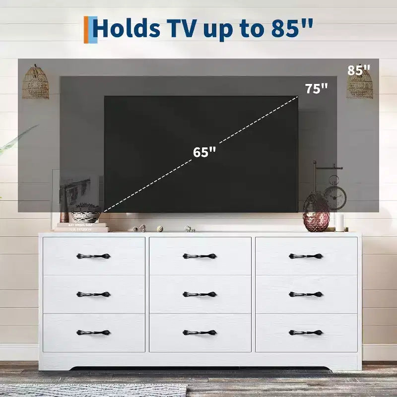Meuble TV 9 tiroirs avec espace TV intégré, grand meuble de rangement pour téléviseurs à écran plat jusqu'à 85 pouces, meuble multimédia multifonctionnel pour salon