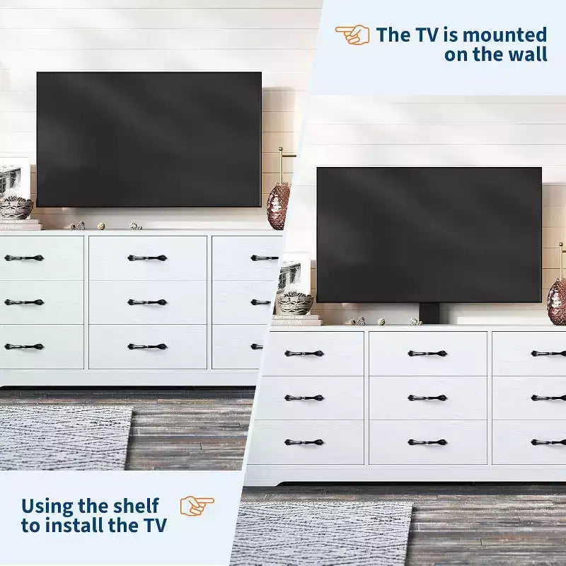 Meuble TV 9 tiroirs avec espace TV intégré, grand meuble de rangement pour téléviseurs à écran plat jusqu'à 85 pouces, meuble multimédia multifonctionnel pour salon