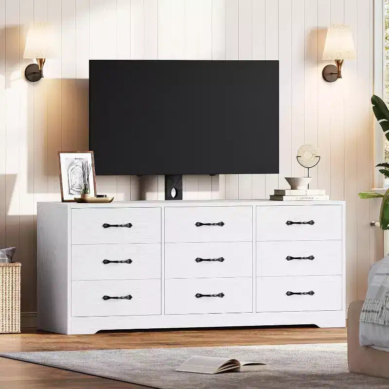 Meuble TV 9 tiroirs avec espace TV intégré, grand meuble de rangement pour téléviseurs à écran plat jusqu'à 85 pouces, meuble multimédia multifonctionnel pour salon