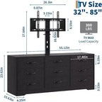 Meuble TV 9 tiroirs avec espace TV intégré, grand meuble de rangement pour téléviseurs à écran plat jusqu'à 85 pouces, meuble multimédia multifonctionnel pour salon