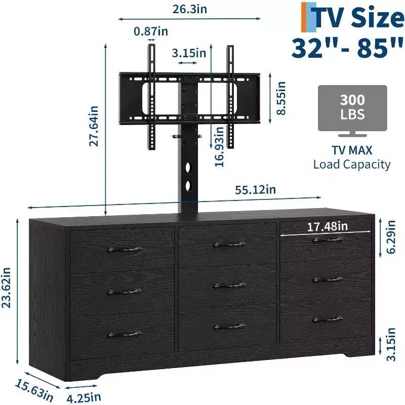 Meuble TV 9 tiroirs avec espace TV intégré, grand meuble de rangement pour téléviseurs à écran plat jusqu'à 85 pouces, meuble multimédia multifonctionnel pour salon