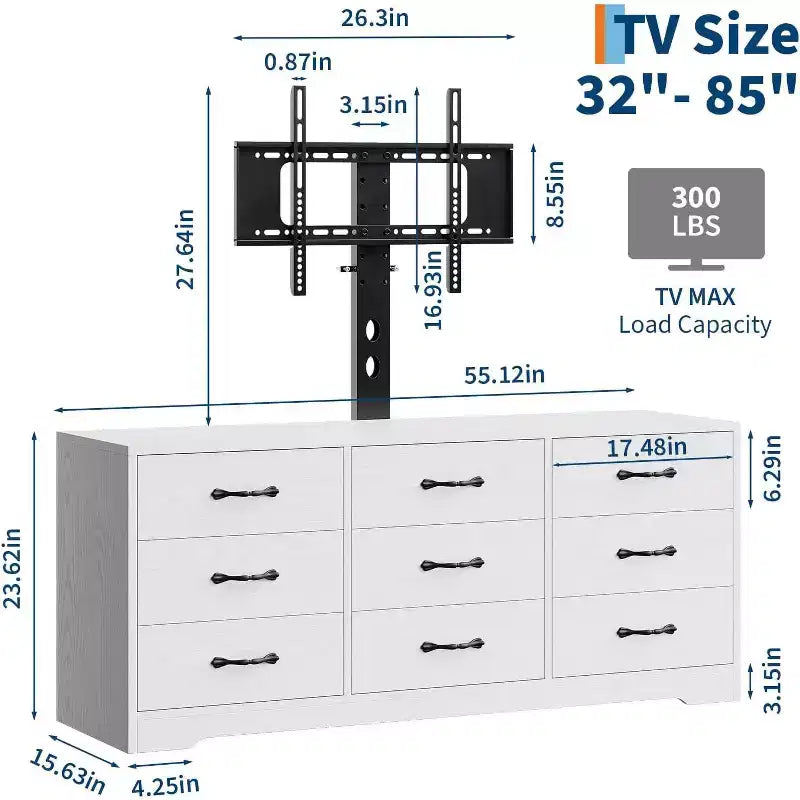 Meuble TV 9 tiroirs avec espace TV intégré, grand meuble de rangement pour téléviseurs à écran plat jusqu'à 85 pouces, meuble multimédia multifonctionnel pour salon