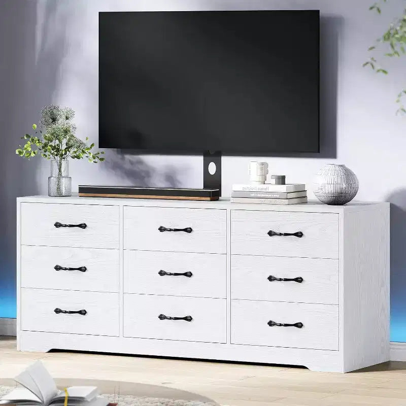 Meuble TV 9 tiroirs avec espace TV intégré, grand meuble de rangement pour téléviseurs à écran plat jusqu'à 85 pouces, meuble multimédia multifonctionnel pour salon