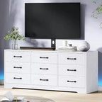 Meuble TV 9 tiroirs avec espace TV intégré, grand meuble de rangement pour téléviseurs à écran plat jusqu'à 85 pouces, meuble multimédia multifonctionnel pour salon