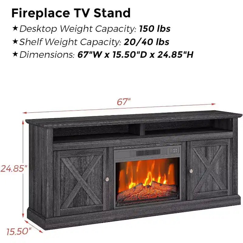 Meuble TV de ferme de 65 pouces avec fenêtre de vue, centre de divertissement finition grise avec étagères de rangement ouvertes, console multimédia multifonctionnelle