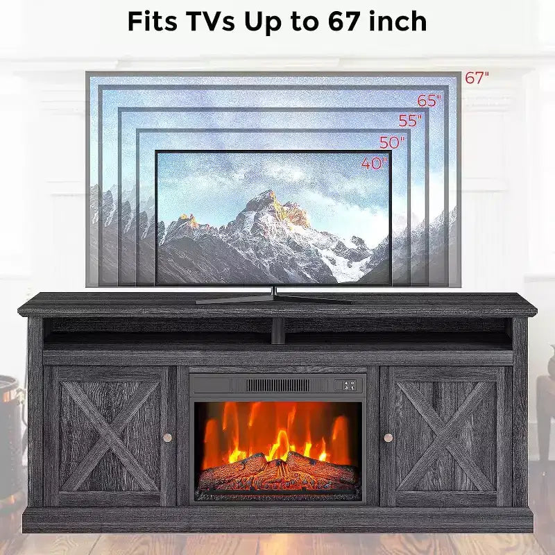 Meuble TV de ferme de 65 pouces avec fenêtre de vue, centre de divertissement finition grise avec étagères de rangement ouvertes, console multimédia multifonctionnelle