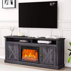 Meuble TV de ferme de 65 pouces avec fenêtre de vue, centre de divertissement finition grise avec étagères de rangement ouvertes, console multimédia multifonctionnelle