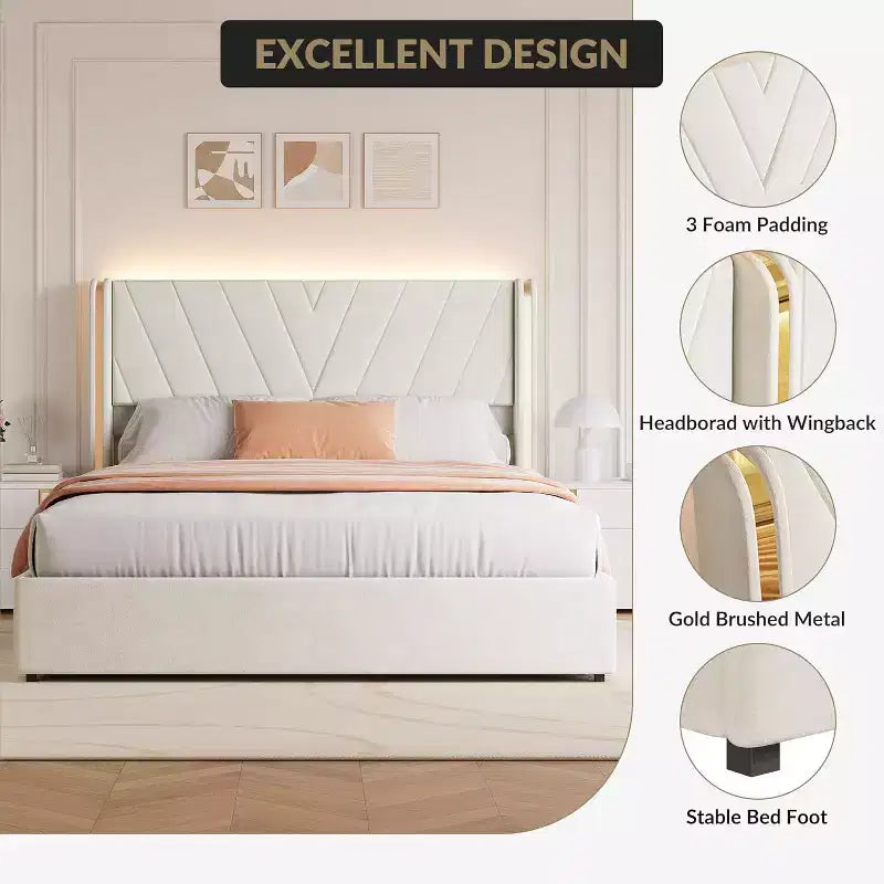 Cadre de lit rembourré, lit queen-size avec 4 tiroirs de rangement, plateforme en velours avec tête de lit à oreilles, sommier tapissier non requis, silencieux, montage facile