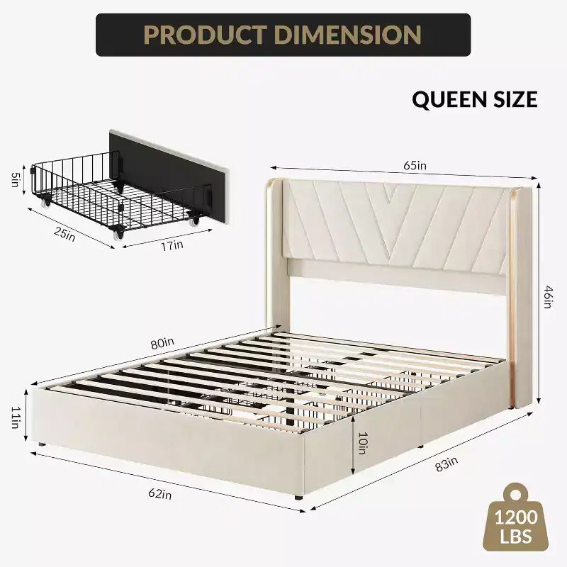 Cadre de lit rembourré, lit queen-size avec 4 tiroirs de rangement, plateforme en velours avec tête de lit à oreilles, sommier tapissier non requis, silencieux, montage facile