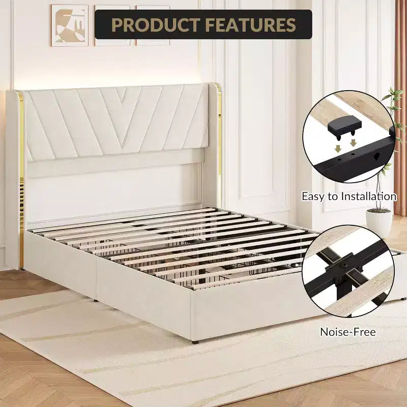 Cadre de lit rembourré, lit queen-size avec 4 tiroirs de rangement, plateforme en velours avec tête de lit à oreilles, sommier tapissier non requis, silencieux, montage facile