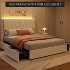 Cadre de lit rembourré, lit queen-size avec 4 tiroirs de rangement, plateforme en velours avec tête de lit à oreilles, sommier tapissier non requis, silencieux, montage facile