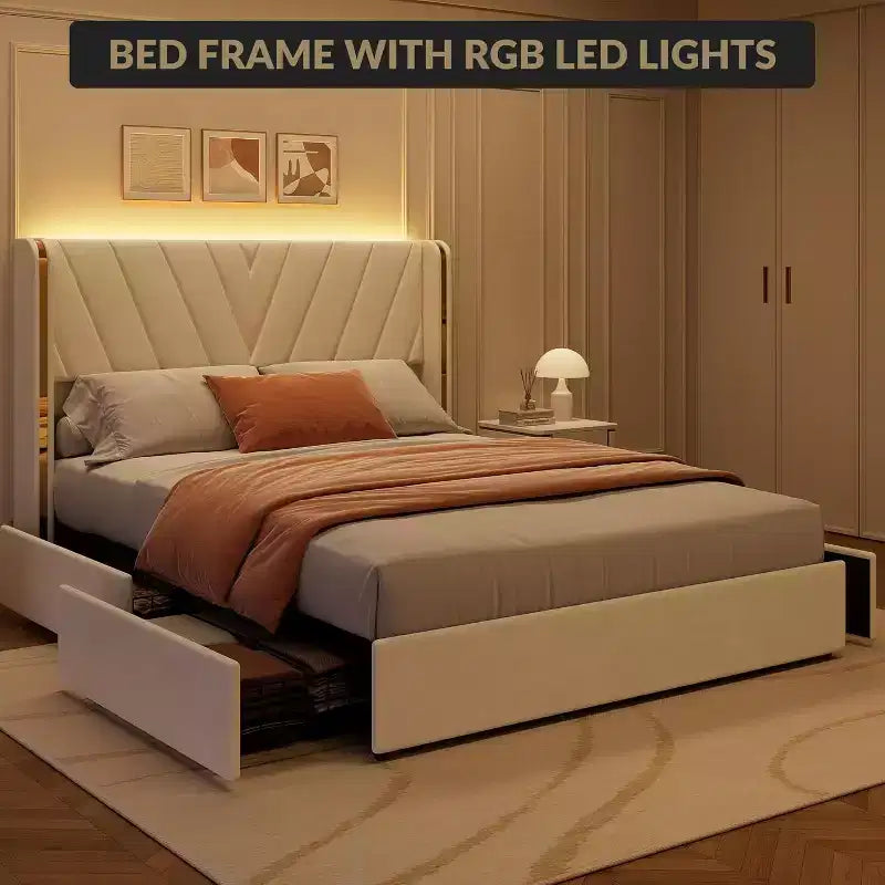 Cadre de lit rembourré, lit queen-size avec 4 tiroirs de rangement, plateforme en velours avec tête de lit à oreilles, sommier tapissier non requis, silencieux, montage facile
