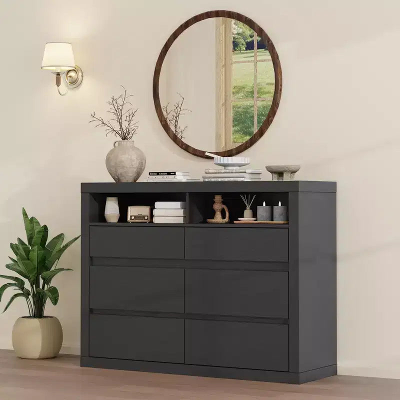 Commode 6 tiroirs pour chambre à coucher, commode moderne de style milieu de siècle avec 2 étagères ouvertes, commode double en bois de 119 cm de large, meuble TV pour placard, salon
