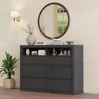 Commode 6 tiroirs pour chambre à coucher, commode moderne de style milieu de siècle avec 2 étagères ouvertes, commode double en bois de 119 cm de large, meuble TV pour placard, salon