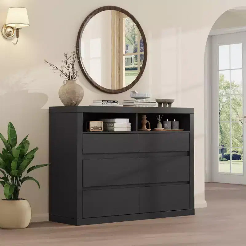 Commode 6 tiroirs pour chambre à coucher, commode moderne de style milieu de siècle avec 2 étagères ouvertes, commode double en bois de 119 cm de large, meuble TV pour placard, salon
