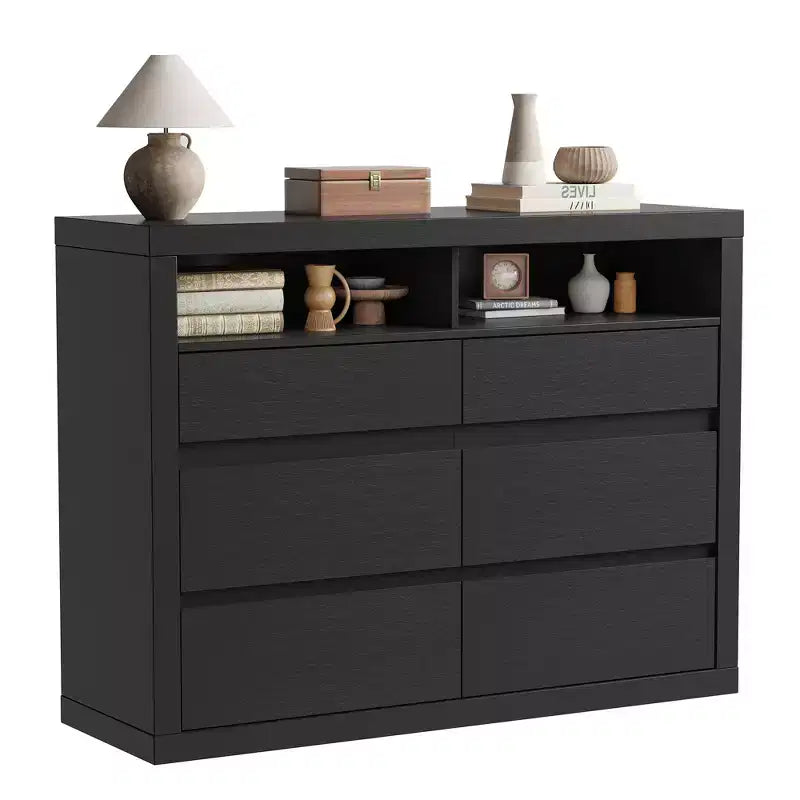 Commode 6 tiroirs pour chambre à coucher, commode moderne de style milieu de siècle avec 2 étagères ouvertes, commode double en bois de 119 cm de large, meuble TV pour placard, salon