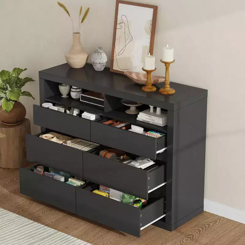 Commode 6 tiroirs pour chambre à coucher, commode moderne de style milieu de siècle avec 2 étagères ouvertes, commode double en bois de 119 cm de large, meuble TV pour placard, salon