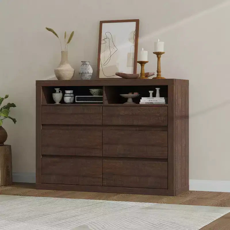 Commode 6 tiroirs pour chambre à coucher, commode moderne de style milieu de siècle avec 2 étagères ouvertes, commode double en bois de 119 cm de large, meuble TV pour placard, salon