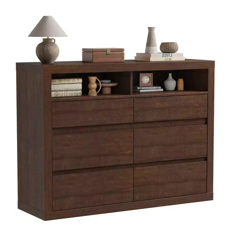 Commode 6 tiroirs pour chambre à coucher, commode moderne de style milieu de siècle avec 2 étagères ouvertes, commode double en bois de 119 cm de large, meuble TV pour placard, salon