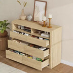 Commode 6 tiroirs pour chambre à coucher, commode moderne de style milieu de siècle avec 2 étagères ouvertes, commode double en bois de 119 cm de large, meuble TV pour placard, salon