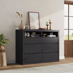 Commode 6 tiroirs pour chambre à coucher, commode moderne de style milieu de siècle avec 2 étagères ouvertes, commode double en bois de 119 cm de large, meuble TV pour placard, salon