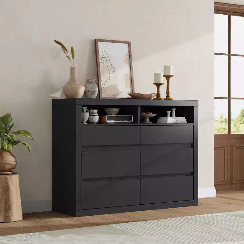 Commode 6 tiroirs pour chambre à coucher, commode moderne de style milieu de siècle avec 2 étagères ouvertes, commode double en bois de 119 cm de large, meuble TV pour placard, salon