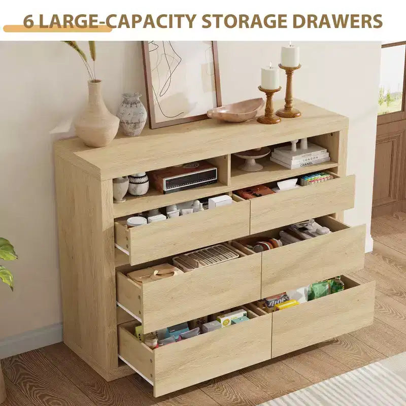 Commode 6 tiroirs pour chambre à coucher, commode moderne de style milieu de siècle avec 2 étagères ouvertes, commode double en bois de 119 cm de large, meuble TV pour placard, salon