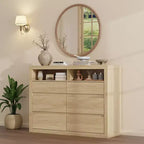 Commode 6 tiroirs pour chambre à coucher, commode moderne de style milieu de siècle avec 2 étagères ouvertes, commode double en bois de 119 cm de large, meuble TV pour placard, salon