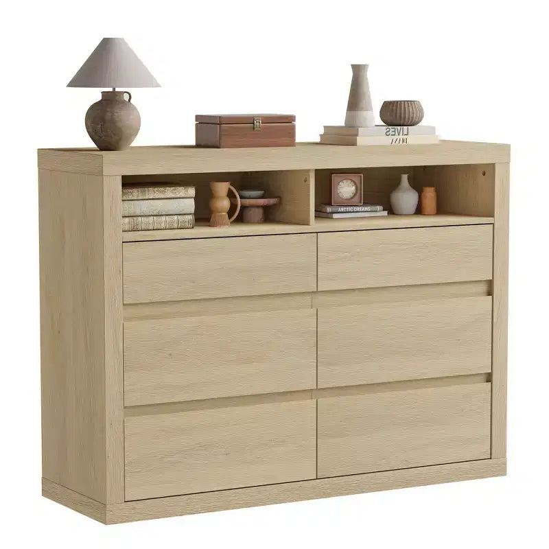Commode 6 tiroirs pour chambre à coucher, commode moderne de style milieu de siècle avec 2 étagères ouvertes, commode double en bois de 119 cm de large, meuble TV pour placard, salon