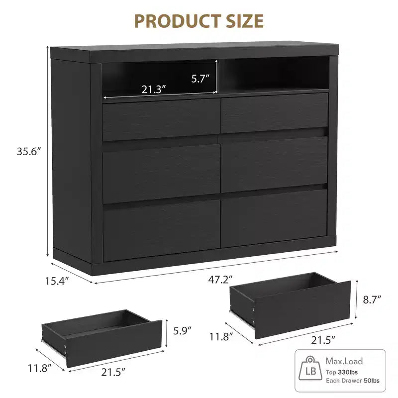 Commode 6 tiroirs pour chambre à coucher, commode moderne de style milieu de siècle avec 2 étagères ouvertes, commode double en bois de 119 cm de large, meuble TV pour placard, salon