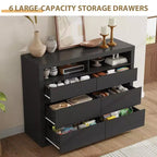 Commode 6 tiroirs pour chambre à coucher, commode moderne de style milieu de siècle avec 2 étagères ouvertes, commode double en bois de 119 cm de large, meuble TV pour placard, salon