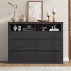 6 Drawer Dresser for Bedroom, Modern Mid Century Chest of Drawers with 2 Open Shelves, 47 Wide Wooden Double Dresser TV Stand for Closet, Living Room