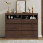 Commode 6 tiroirs pour chambre à coucher, commode moderne de style milieu de siècle avec 2 étagères ouvertes, commode double en bois de 119 cm de large, meuble TV pour placard, salon