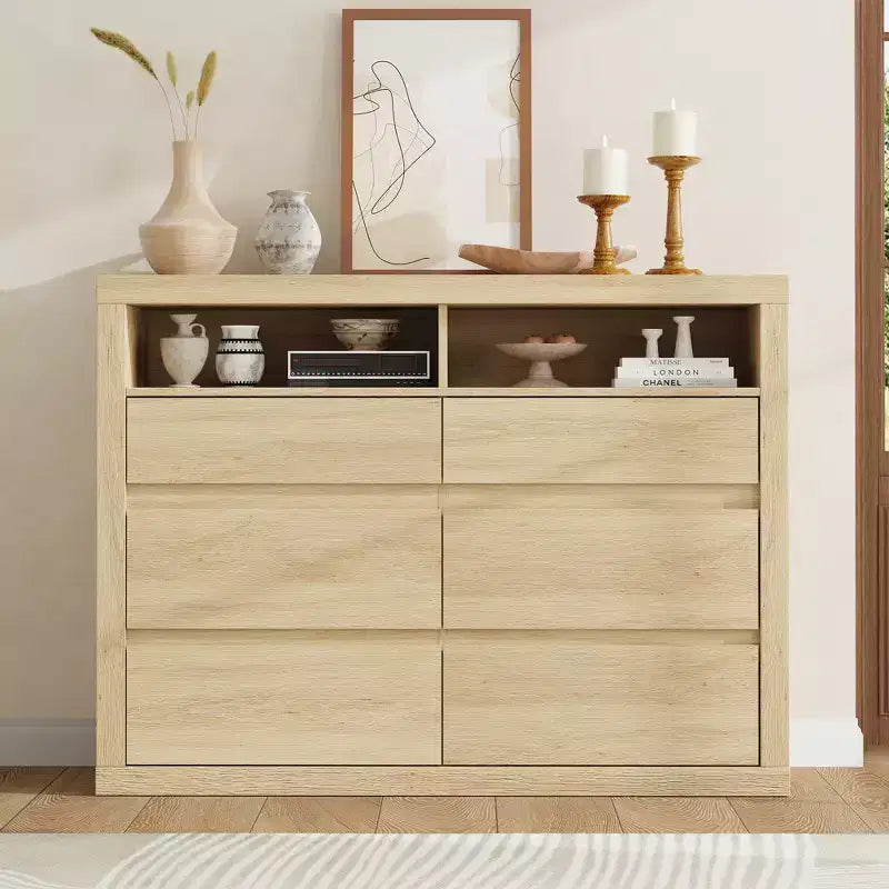 Commode 6 tiroirs pour chambre à coucher, commode moderne de style milieu de siècle avec 2 étagères ouvertes, commode double en bois de 119 cm de large, meuble TV pour placard, salon
