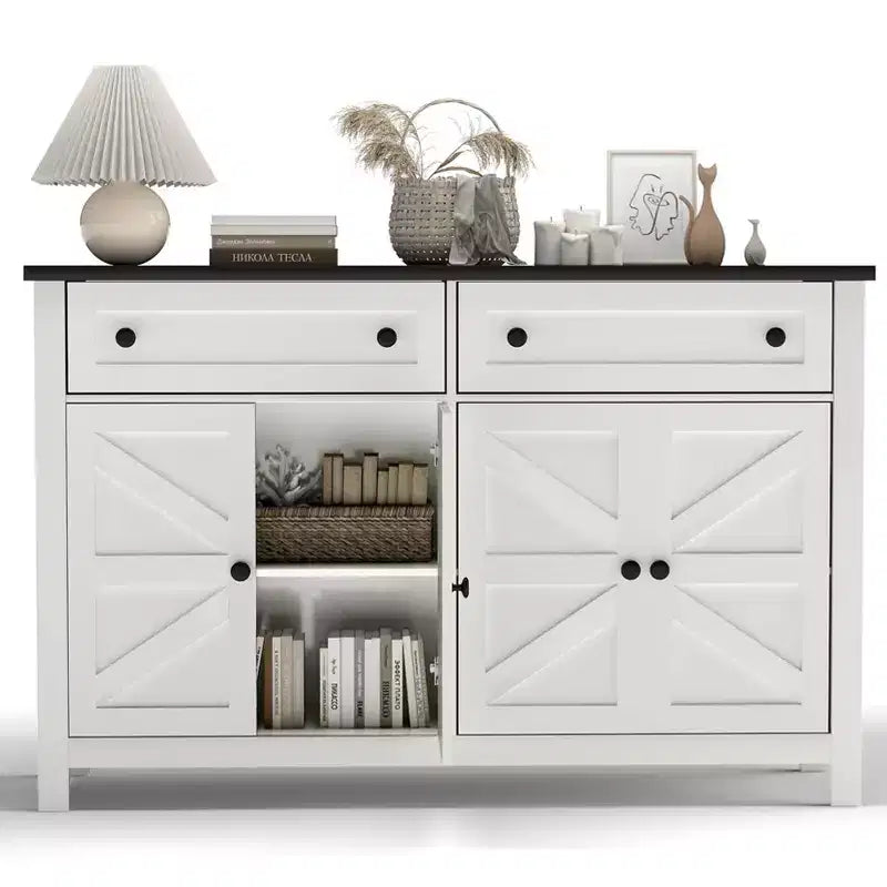 AEELLEEA Buffet/Bahut Blanc 140cm - Meuble de Rangement Moderne de Style Ferme avec Tiroirs/Portes (Compatible Bar à Café)