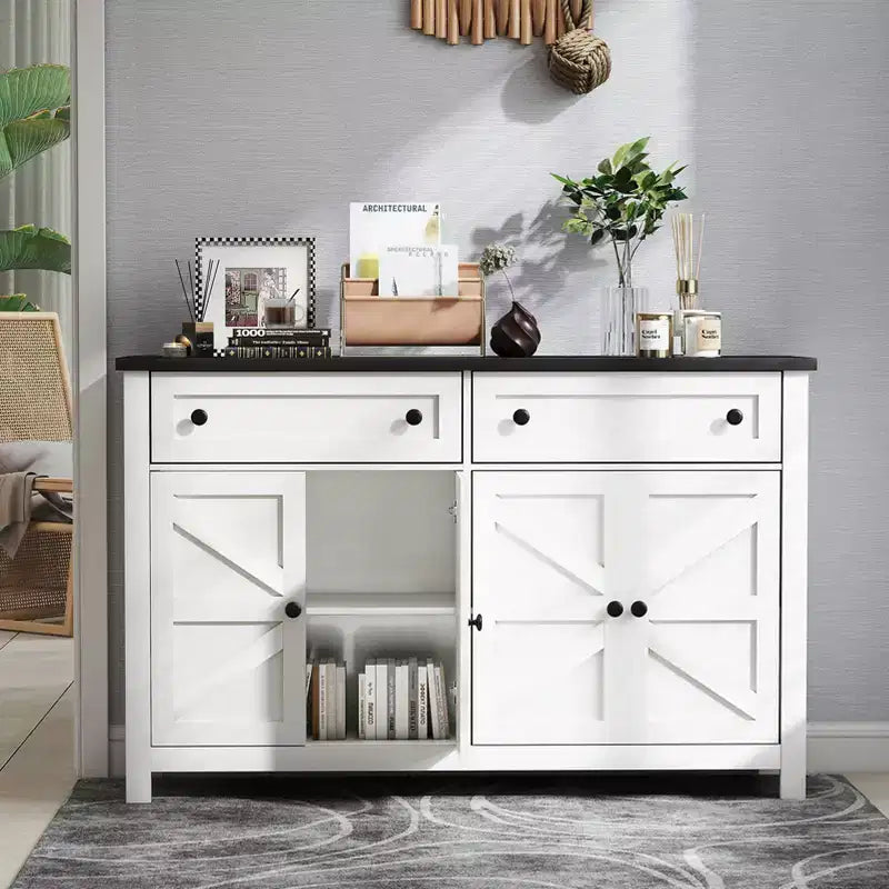 AEELLEEA Buffet/Bahut Blanc 140cm - Meuble de Rangement Moderne de Style Ferme avec Tiroirs/Portes (Compatible Bar à Café)