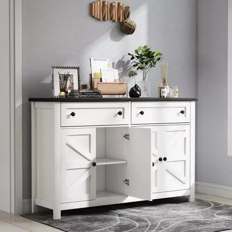 AEELLEEA Buffet/Bahut Blanc 140cm - Meuble de Rangement Moderne de Style Ferme avec Tiroirs/Portes (Compatible Bar à Café)