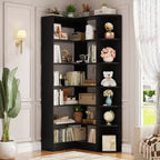 Besiost 71 Tall 6-Tiers Corner Bookshelf with Open Storage, Wooden Display Shelves for Bedroom
