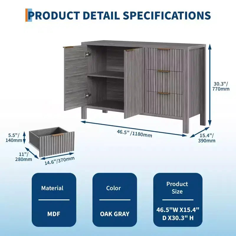 Buffet-Bahut cannelé de 46,5 po, Meuble d'appoint pour bar à café avec 3 tiroirs, Meuble TV console multimédia en bois, Armoire de sol