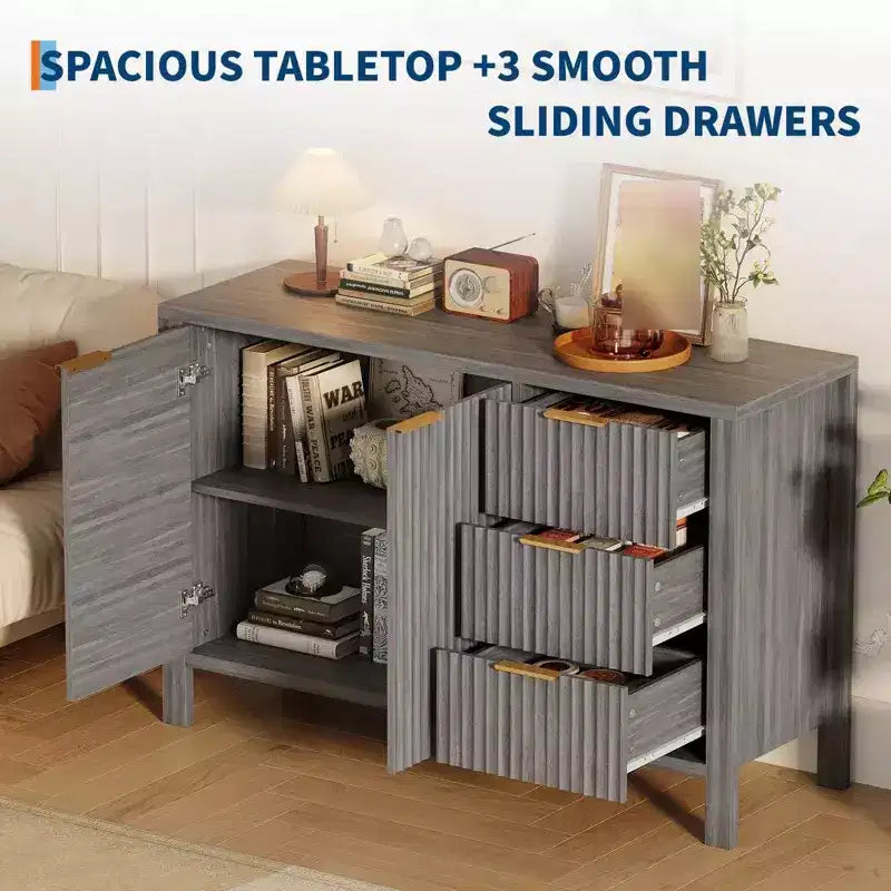 Buffet-Bahut cannelé de 46,5 po, Meuble d'appoint pour bar à café avec 3 tiroirs, Meuble TV console multimédia en bois, Armoire de sol