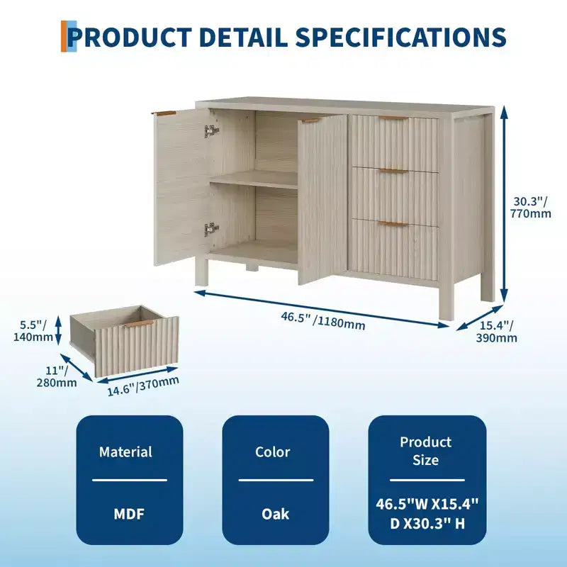 Buffet-Bahut cannelé de 46,5 po, Meuble d'appoint pour bar à café avec 3 tiroirs, Meuble TV console multimédia en bois, Armoire de sol