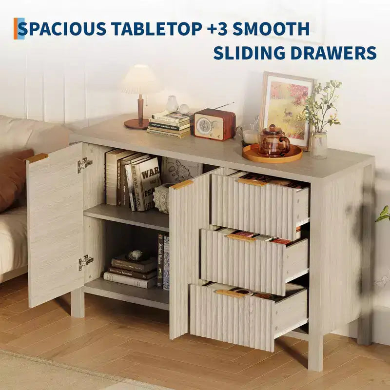 Buffet-Bahut cannelé de 46,5 po, Meuble d'appoint pour bar à café avec 3 tiroirs, Meuble TV console multimédia en bois, Armoire de sol