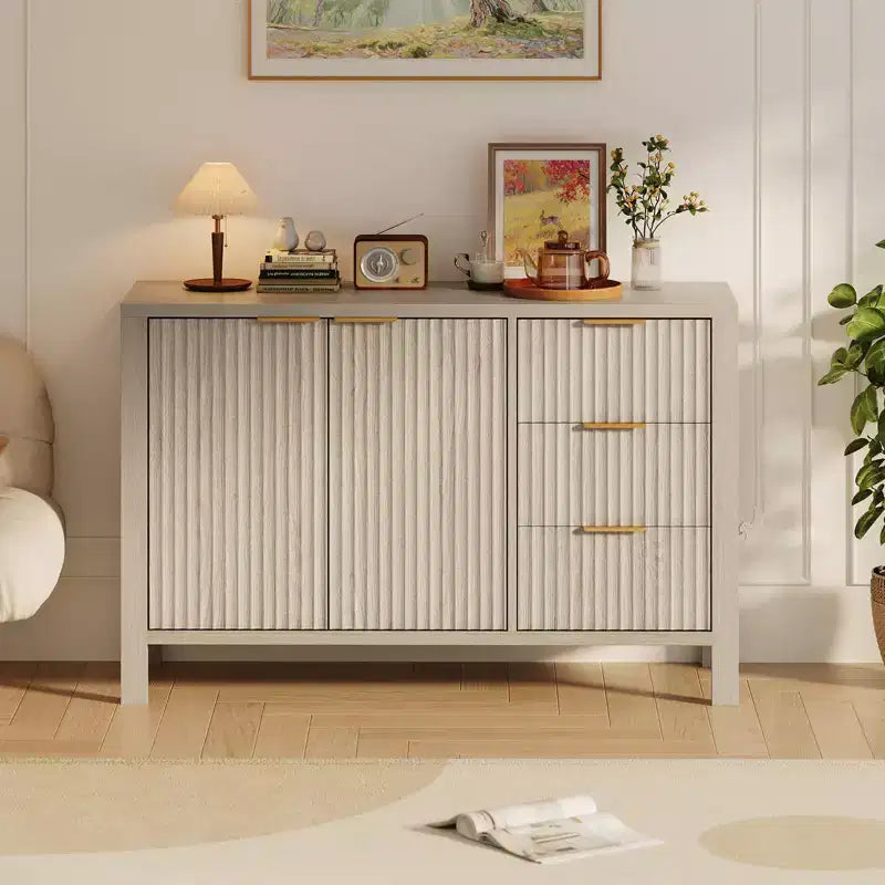 Buffet-Bahut cannelé de 46,5 po, Meuble d'appoint pour bar à café avec 3 tiroirs, Meuble TV console multimédia en bois, Armoire de sol