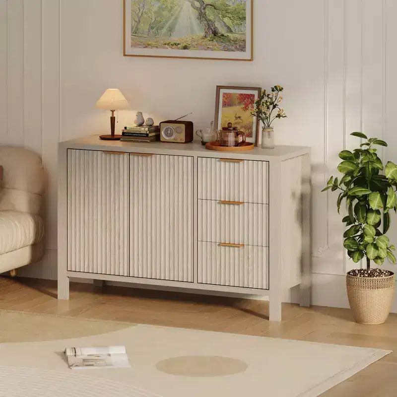 Buffet-Bahut cannelé de 46,5 po, Meuble d'appoint pour bar à café avec 3 tiroirs, Meuble TV console multimédia en bois, Armoire de sol