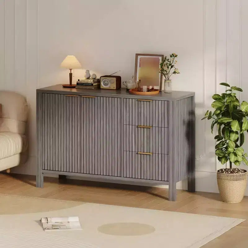 Buffet-Bahut cannelé de 46,5 po, Meuble d'appoint pour bar à café avec 3 tiroirs, Meuble TV console multimédia en bois, Armoire de sol