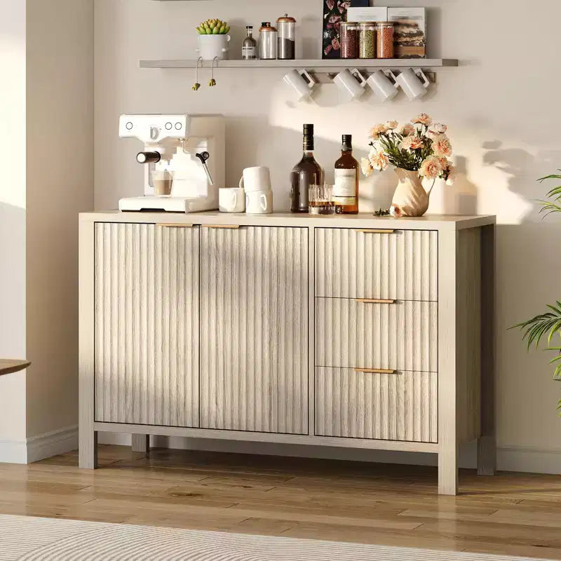 46.5 Fluted Sideboard Buffet Cabinet, Accent Coffee Bar Cabinet with 3 Drawers, Wooden Media Console Table TV Stand, Floor Cupboard Cabinet