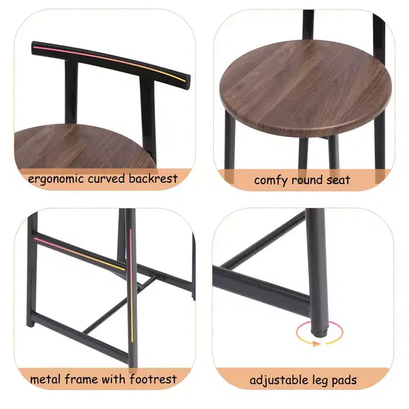 Tabourets de bar à hauteur de comptoir TUYOHW, lot de 3, chaises de bar avec dossier ergonomique et base en acier, chaises sans accoudoirs pour îlot de cuisine, bar de maison, salle à manger