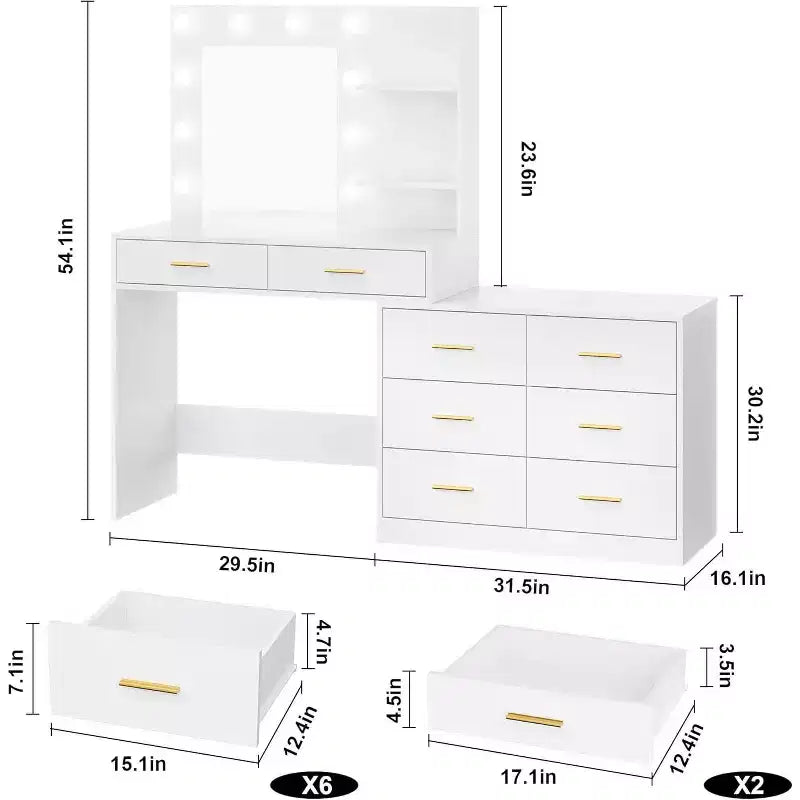 Coiffeuse de maquillage 61 po avec miroir et lumières, 8 grands tiroirs et 2 étagères, 3 modes d'éclairage, luminosité réglable