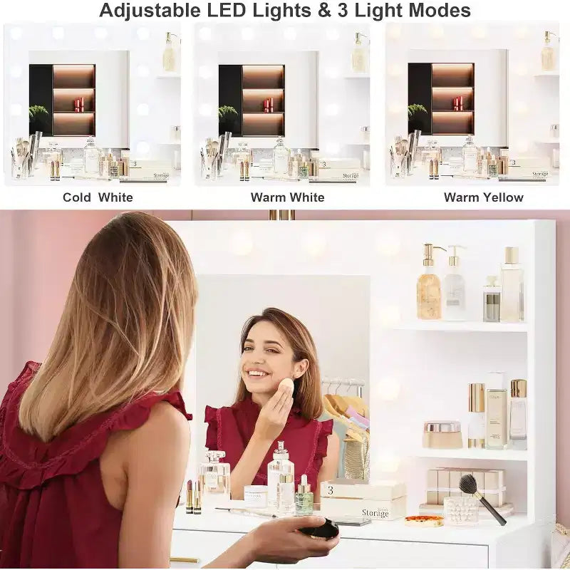 Coiffeuse de maquillage 61 po avec miroir et lumières, 8 grands tiroirs et 2 étagères, 3 modes d'éclairage, luminosité réglable